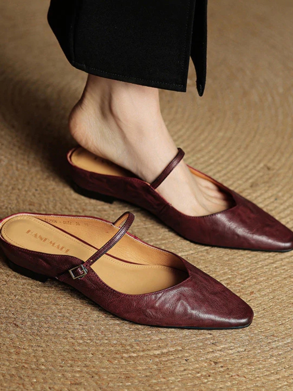 Handmade Women's Burgundy Pointed-Toe Mary Jane Mules